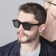 Mari & Clay, Australian sustainable sunglasses label. The Yarra style is a trapezoidal design available in black, sand (clear), tortoiseshell, and caramel bio-acetate frames. All Mari & Clay sunglasses are fitted with polarised lenses. The design is unisex and good for oval, long and round face shapes.