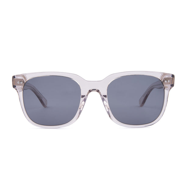 Mari & Clay, Australian's sunglasses brand with sustainable sunglasses. This is the Glenelg Style in transparent grey coloured frame and dark grey polarised lenses. This is a rectangular shape frame, unisex style, good for oval, long and round face shapes.   